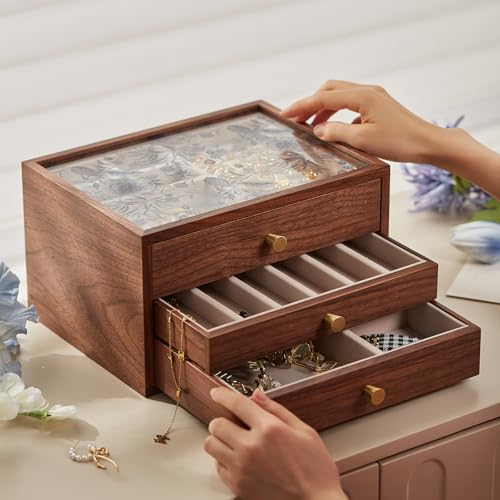 Black Walnut Wooden Women Jewelry Box with Glass Lid, 3 Layer - style: 3 Layer B