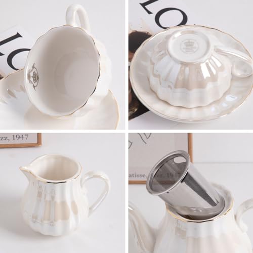 Sweejar Home Porcelain Tea Sets British Royal Series, 8 OZ Cups& Saucer Service for 6, with Teapot Sugar Bowl Cream Pitcher Teaspoons and tea strainer for Tea/Coffee (Coral White) - color: Coral White
