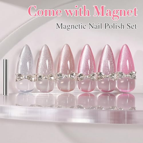 Double Rhythm Cat Eye Gel Nail Polish Set of 6 Same Color Same Bottle 0.5 Oz Shimmer Glitter with Magnet Holographic Reflective Magnetic UV Nail Polish Kit at Home (Silver Nude Pink-T6-42) - color: Light Pink