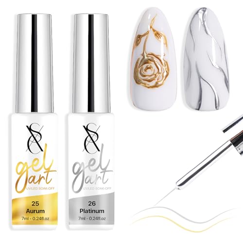 SXC Cosmetics Gel Liner Nail Art Set – Gold & Silver 2pcs Gel Liner Nail Art Chrome 3D High-Gloss Effect for Nail Paint Design with Thin Brush DIY French Manicure Curing Requires - color: Gold & Silver