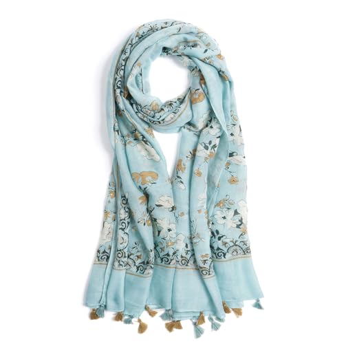 QIUTIMIY Scarf for Women Lightweight Soft Floral Leopard Printed Scarves Fall Winter Fashion Shawl Wrap with Fringe - color: Flower-blue Brown