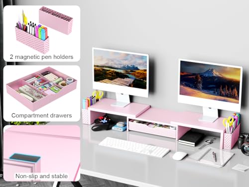 Spacrea Dual Monitor Stand Riser with Drawer and 2 Pen Holders - color: Pink