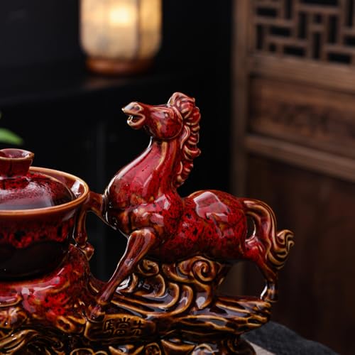Ceramic Red Horse Teapot with Infuser - Chinese Gongfu Tea Set, 8 Cups, Semi Automatic Design for Loose Leaf Tea - color: Red Horse - B
