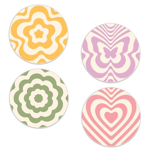 Spring Groovy Wave Drinks Coasters Set of 4, Absorbent Ceramic Stone Coaster with Cork Base, Cute Table Home Décor, Ideal Gifts for Women Men - color: Groovy Wave
