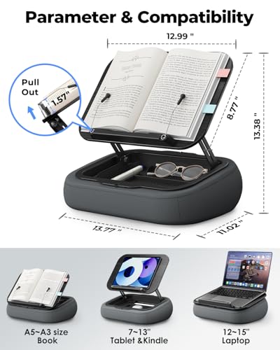 Viozon Lap Book Pillow Stand with Storage, Adjustable Beanbag Reading Pillow with Dark Wood Panel, Multi-Angle Book Holder for Hands-Free Reading in Bed or Sofa,Book Lover Essential,Soft Cushion b - color: Black