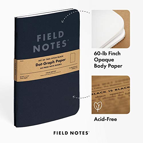 Field Notes 2-Pack Pitch Black Notebooks (4.75" X 7.5"), Dot-graph, 64 Pages | Thin Pocket Sized EDC Notebook With 90 GSM Paper & Paperback Cover | Work Notebooks For Note Taking | Made in the USA - size: Large Size (4.75" x 7.5") 2-Pack - Dot-Graph Paper