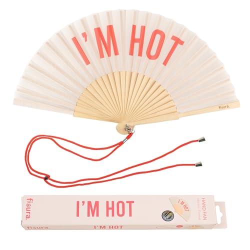 Fisura – Original folding fan with message I’m h*t, wooden handheld fan for women, perfect for rave, wedding, party, birthday, gift or fun summer decoration - color: I'm H*t, Beige