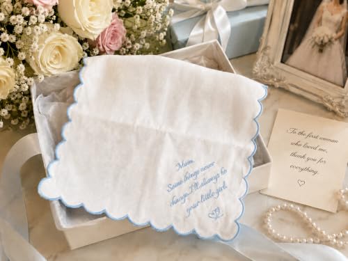 Something Blue Wedding Handkerchiefs for Bride, Embroidered Wedding Gift for Husband Mom Dad - color: Mom