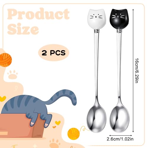 2 Pcs Cute Cat Spoon Set Cute Cat-Shaped Coffee Spoon Set Stainless Steel Tea Coffee Sugar Spoons Milk Drink Stirring Spoones Black and White Cat Design Cartoon Dessert Spoons Sets for Kitchen