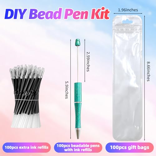 300 Pieces DIY Beadable Pen Kit – 100 Plastic Ballpoint Pens with Refills & Bags – School Supplies, Office Accessories & Decorative Items for Students & Teachers (Gradient) - color: B-Multicolor 02, size: 100