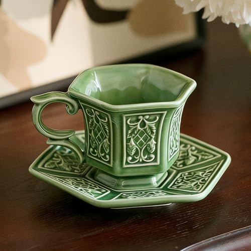 KAMMAK Tea Cups and Saucers Set of 2, 6 oz Porcelain Coffee Cups, SY004 - size: 8CZSY004