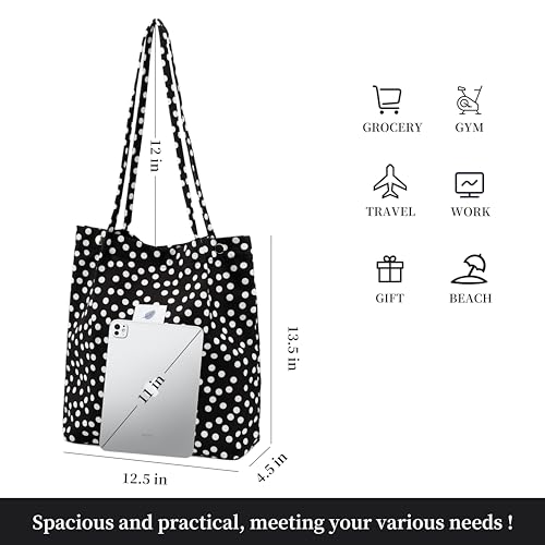 Corduroy Tote Bag Cute Tote Bags for Women Shoulder Bag with Inner Pocket for Work Beach Travel and Shopping Grocery - style: Black and White Dots