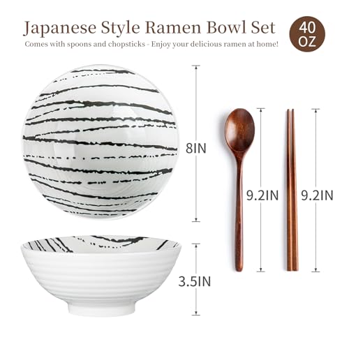 YUN TAO Pho Bowls Set of 2, 40 Oz Large Soup Bowls, White Ceramic Ramen Bowls with Chopsticks and Spoons, Deep Asian Noodle Bowls for Home Use