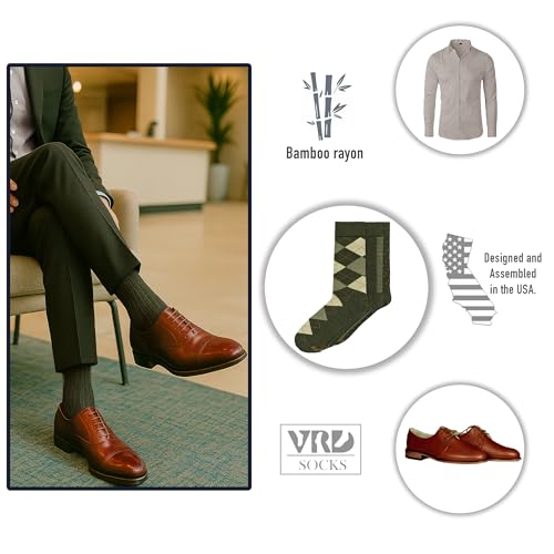 VRD Men's Dress Socks Bamboo Rayon, 5-Pack Crew Socks, Multiple Colors and Designs, Shoe Size 8-13, Gift Box - color: 08: Green, 5-pack Mix (2 Solid, 1 Striped, 1 Dotted, 1 Argyle)