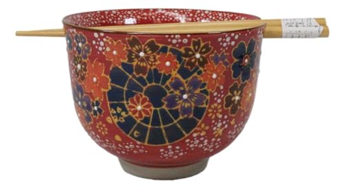 Ebros Gift Artistic Donburi Ramen Udon Noodles Soup Salad 5" D 18Oz Bowl With Bamboo Chopsticks And Built In Rest Set Asian Dining Kitchen Accent (Red Floating Colorful Flowers) - color: Red Floating Colorful Flowers