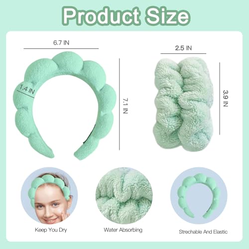 Beleki Spa Headband for Washing Face Wristband Set Makeup Skincare Face Washing Headband Sponge Terry Cloth Bubble Puffy Hairband Non Slip Headwear Hair Accessory for Women - Mint - color: Mint