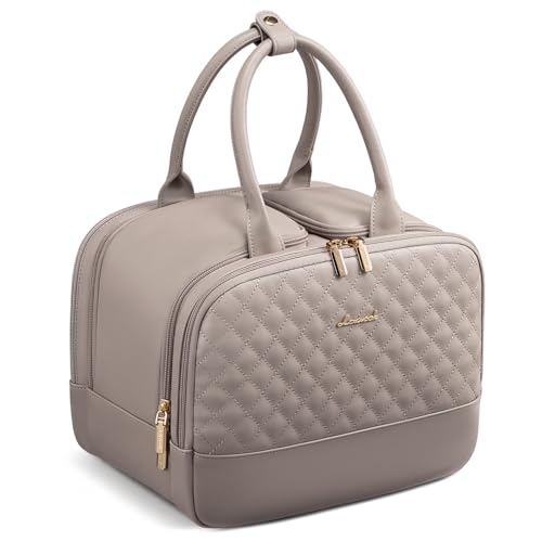 LOVEVOOK Travel Toiletry Bag for women, Leather Large Wide-open Makeup Bag, Waterproof Cosmetic Bag Organizer for Shower, Traveling, Toiletries, Bathroom - color: Khaki