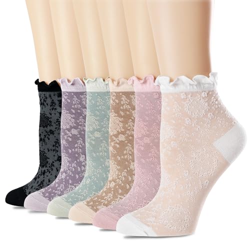 Women‘s Ruffle Ankle Socks,Vintage Patterned,Short Casual Dress Sock,Cute Princess Lettuce Floral Socks 6 Pack - color: Cute Color