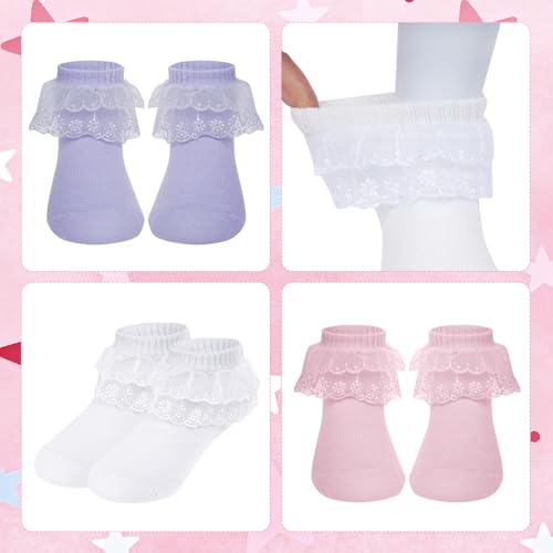3 Pairs Baby Girl Socks Ruffle Sock Lace Frilly Socks for Newborn Infant Toddler 1-2 Years - color: White, Pink, Purple