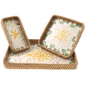 3 Pcs Rectangle Rattan Mother of Pearl Inlay Shell Decorative Serving Tray - color: Yellow Flower
