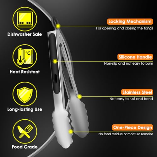 Metal Tongs for Cooking, Heat Resistant 600 Degrees - 7", 9" and 12" - size: 7 + 9 + 12 inches
