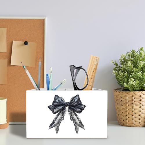 Coquette Black Lace Bow Pen Holder for Desk, Girly Preppy Room Decor Pencil Organizer, Black Ribbon Bow Wooden Box Sign Desk Decor for Girls Dorm Room Home Office Decoration - color: Black Lace Bow