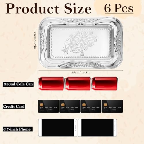 6 Packs Silver Serving Trays, 13.8" x 8.7" Bow Floral Engraved Mirror Decorative Tray, Stainless Steel Trinket Tray, Retro Vintage Embossing Rectangle Reusable Party Platters, for Tea Coffee Fruit Des