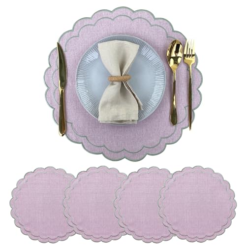 Linen Cotton Placemats Set of 4 Scalloped Flower Embroidery Place Mats 15'' Natural Linen Texture Fabric Machine Washable Table Mats for Restaurant Kitchen,Table Decor(Lilac) - color: Lilac
