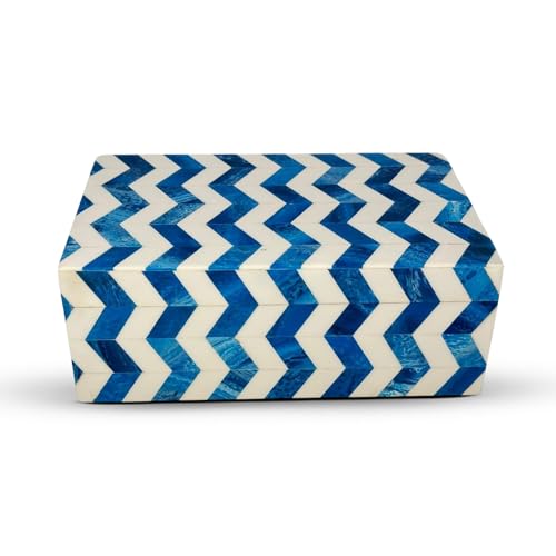 Perilla Home ﻿Home Decor Decorative Storage Wooden Box Small Wooden Organizer Tool Stash Card Craft Trinket Memory Keepsake Jewelry Box for Men and Women, Chevron, Gifts For All, Blue and Off White - color: Blue and off white Chevron