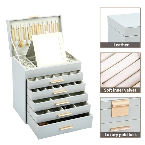 BOOVO Jewelry Boxes for Women, White and Black 6 Layer Large Jewelry Box for Necklace, Bracelet, Earrings, Rings Storage, Jewelry holder Organizer for Girls Gift (Grey and Gold, 6 layer) - color: Grey and Gold, size: 6 layer