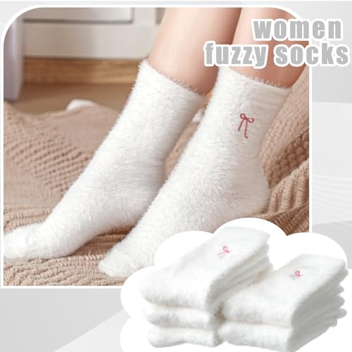 Geyoga 5 Pairs Fuzzy Bow Socks for Women Fluffy Slipper Gift - color: White