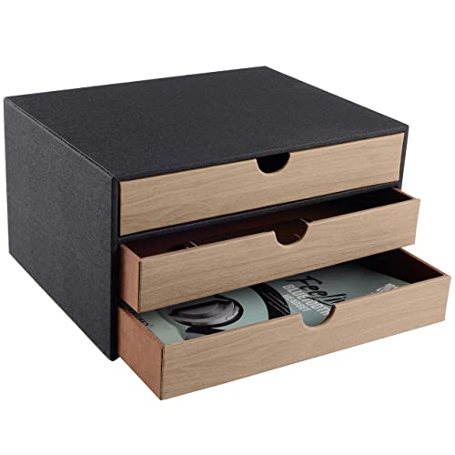 Fashion Multicolor Collocation Leather Desk Organizer File Cabinet Executive Office Supplies Desktop Filing A4 Contract Document Stackable Storage Box with 3 Drawers (Black) - color: Black