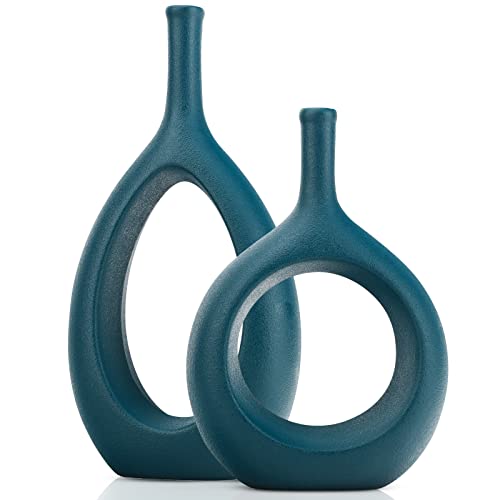 Green Ceramic Hollow Elliptical Vase Set of 2 - Boho Circle Vase with Hole, for Modern Green Table Decor, Living Room Decor Shelf mid Century Modern Home Entrance Decorative vase - color: Green