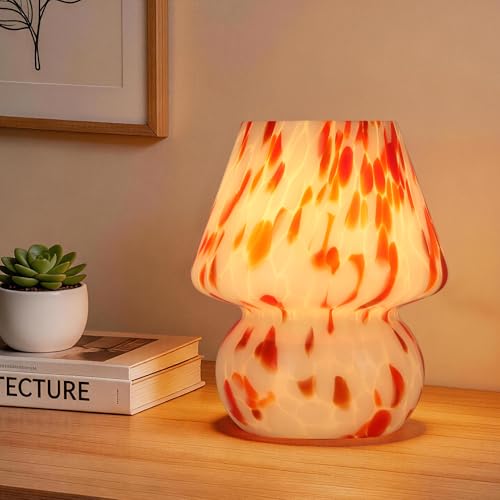 Mushroom Lamp with LED Bulb, Small Glass Bedside Lamp, Red&White - color: Red&White