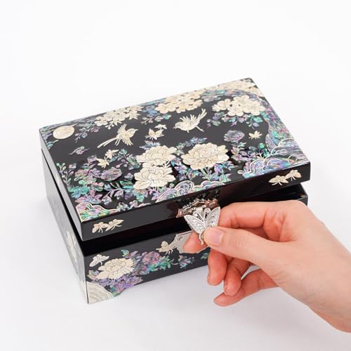 February Mountain Mother of Pearl Large Jewelry Organizer Box with Mirror – Luxury Gift for Women, Anniversary, Mother’s Day, Valentine’s Day, Christmas & Birthday Present (Black-Birds) - color: Black-Birds
