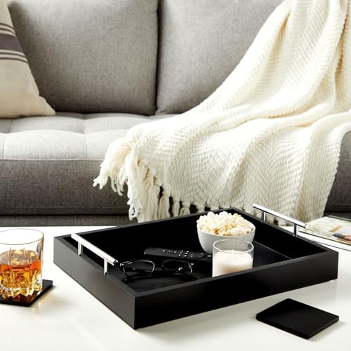 Juvale Wooden Serving Tray - 15.7 x 11.8 x 3.1 in, Black Rustic, Includes 2 Coasters - Decorative Tray with Interchangeable Gold & Silver Handles - Sofa & Ottoman Use, Coffee Table Decor - color: Black