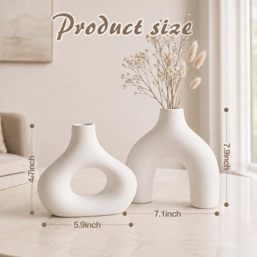Patelai Set of 2 Mid Century Modern Home Decor Donut Vases, White - color: White