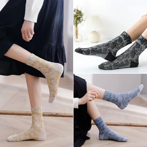 DXYAKY 5 Pairs Womens Floral Cotton Socks Vintage Patterned Crew Socks Novelty Ankle Ruffled Warm Casual Dress Socks - color: 5 Pairs - Brown
