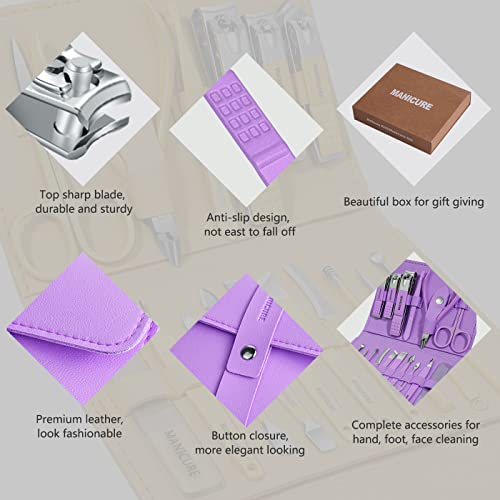 Manicure Set Professional Nail Clippers Pedicure Kit,16 pcs Stainless Steel - color: Violet