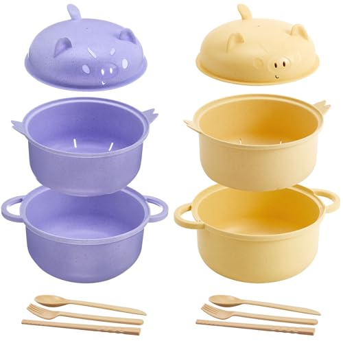 2 Set Large 45oz Cute Pig Ramen Bowl Set Microwavable Yellow, Purple - color: Yellow,Purple