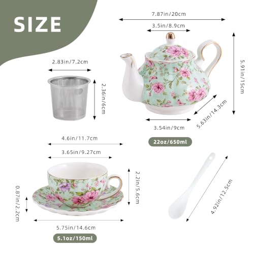 Flowers Ceramic Tea Set，Tea Sets for Adults, with Teapot, Spoons, Cup and Saucer for Tea Party (Green Flower) - color: Green Flower