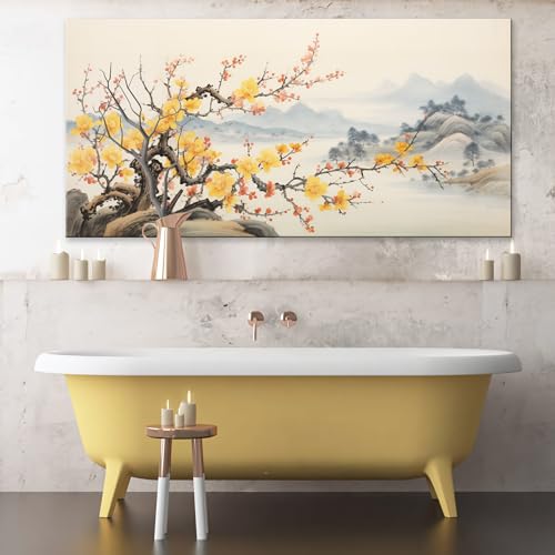 Asian Wall Art Traditional Chinese Painting Oriental Yellow Plum Blossom Canvas Pictures for Wall Decor Home Living Room Cherry Blossom Landscape Artwork Framed Ready to Hang - color: Yellow-One Piece, size: 40"L x 20"W