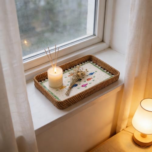 Rectangle Rattan Serving Tray with Mother of Pearl Inlay, Handwoven Wicker Tray for Frui Bread Breakfast Coffee Table Party Picnic Cafe Bedroom Kitchen Home Decor Set of 3 (Green Fish) - color: Green Fish