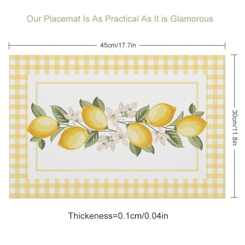 Yellow Lemon Buffalo Plaid Floral Placemats Set of 4, 12x18 Inch - color: Lemon05, size: 4pcs