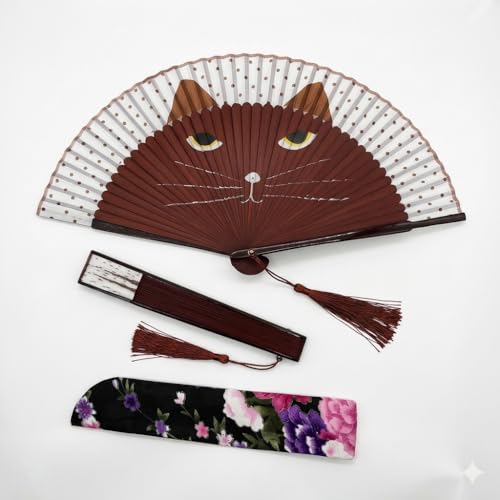 Cute Coffee Cat Face Folding Handheld fans for Women with Fabric Sleeve & Tassel, Handcrafted Decorative Bamboo Accessory, Japanese Style Portable Cooling Tool for Girls & Gifts, Opened 8.27x15 - color: Coffee Cat