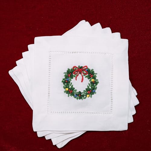 Embroidered Christmas Wreath Cocktail Napkins 6 Pack Cloth Cotton Coaster Decorative for Drink Absorbent Holiday Parties Events Ladder Hemstitch Washable Square (6"x6") - color: Wreath