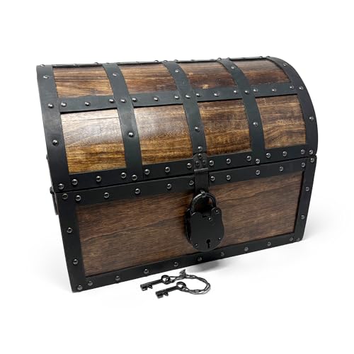 Nautical Cove Handmade Wooden Treasure Chest Storage Box – Deluxe Design with Real Leather Accents, Working Iron Lock & Skeleton Keys, Decorative Keepsake Chest (X-Large - 15 × 11 × 11") - size: X-Large - 15 × 11 × 11 in
