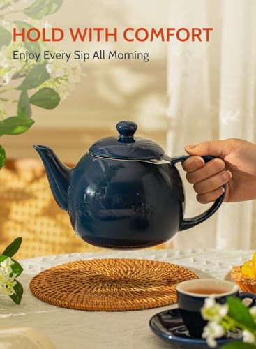 Sweese Teapot, Porcelain Tea Pot with Stainless Steel Infuser, Blooming & Loose Leaf Teapot - 27ounce, Navy - color: Navy, size: 27oz (with infuser)