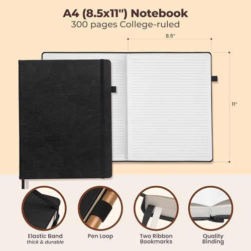 Thick Lined Journal Notebook 8.5x11" with Big A4 Hardcover Leather - Black - color: Black, size: A4 300 Pages