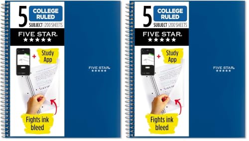 Five Star Spiral Notebook + Study App, 5 Subject, College Ruled Paper, 8-1/2" x 11", Fights Ink Bleed, Water Resistant Cover, Pacific Blue (73635), 200 Sheets (Pack of 2) - color: Blue, size: 1 Count (Pack of 2)